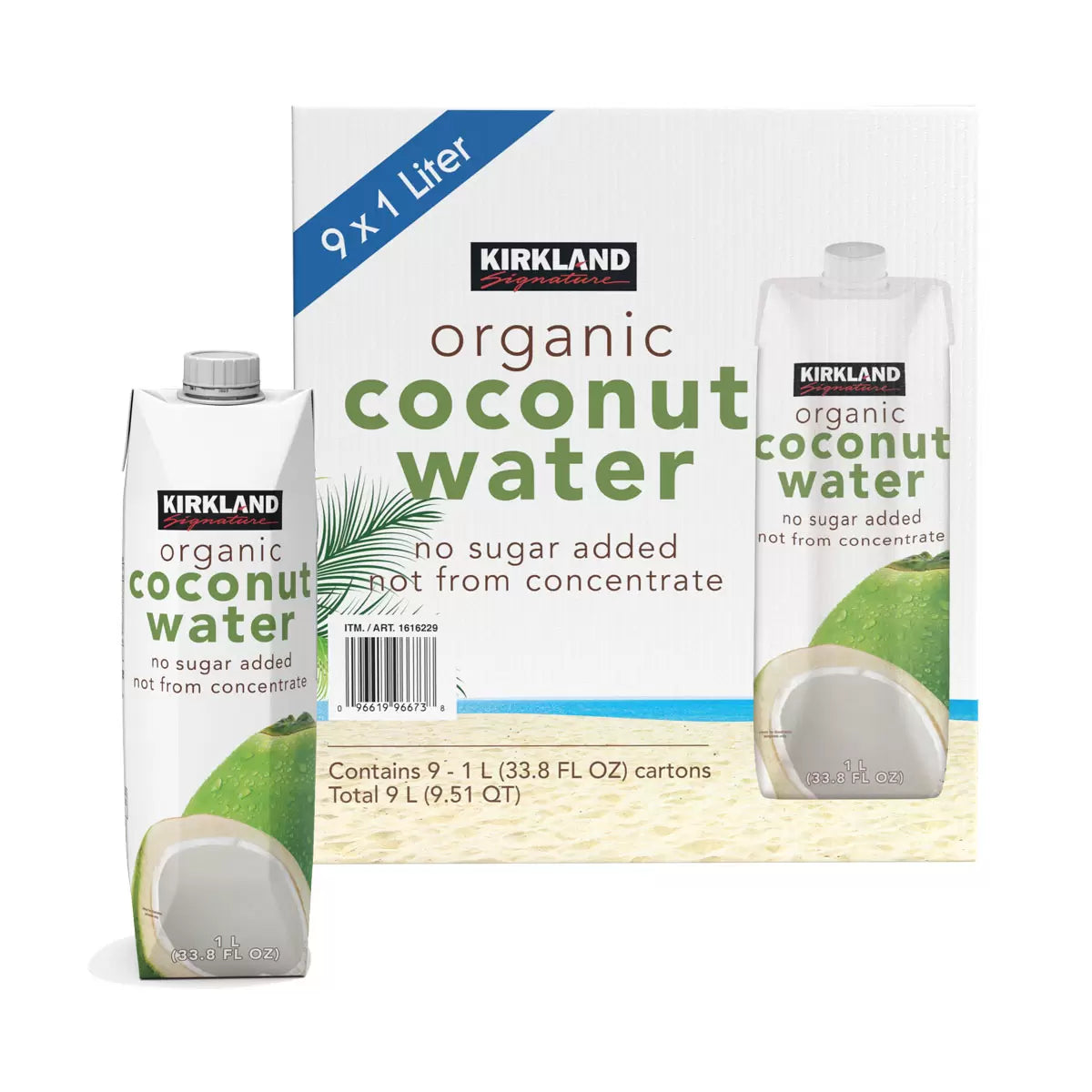 Kirkland Signature Organic Coconut Water No Added Sugar 1L - Pack of 9