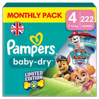 Pampers Paw Patrol Baby Dry Nappies Size 4 - 9kg-14kg - 222 Nappies