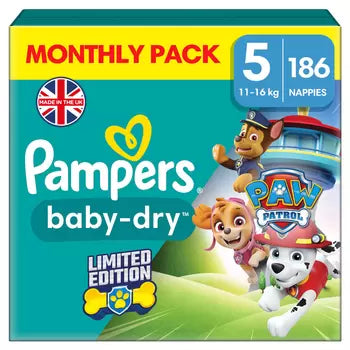 Pampers Paw Patrol Baby Dry Nappies Size 5 - 11kg-16kg - 186 Nappies