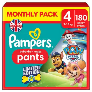 Pampers Paw Patrol Baby Dry Nappy Pants Size 4 - 9kg-15kg - 180 Nappies