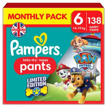 Pampers Paw Patrol Baby Dry Nappy Pants Size 6 - 14kg-19kg - 138 Nappies