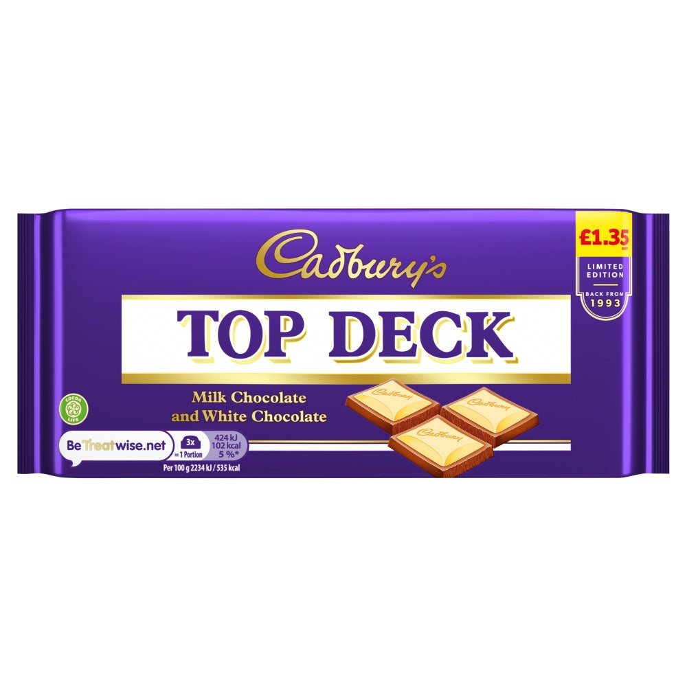 Cadbury's Top Deck Milk Chocolate and White Chocolate Bar - 95g