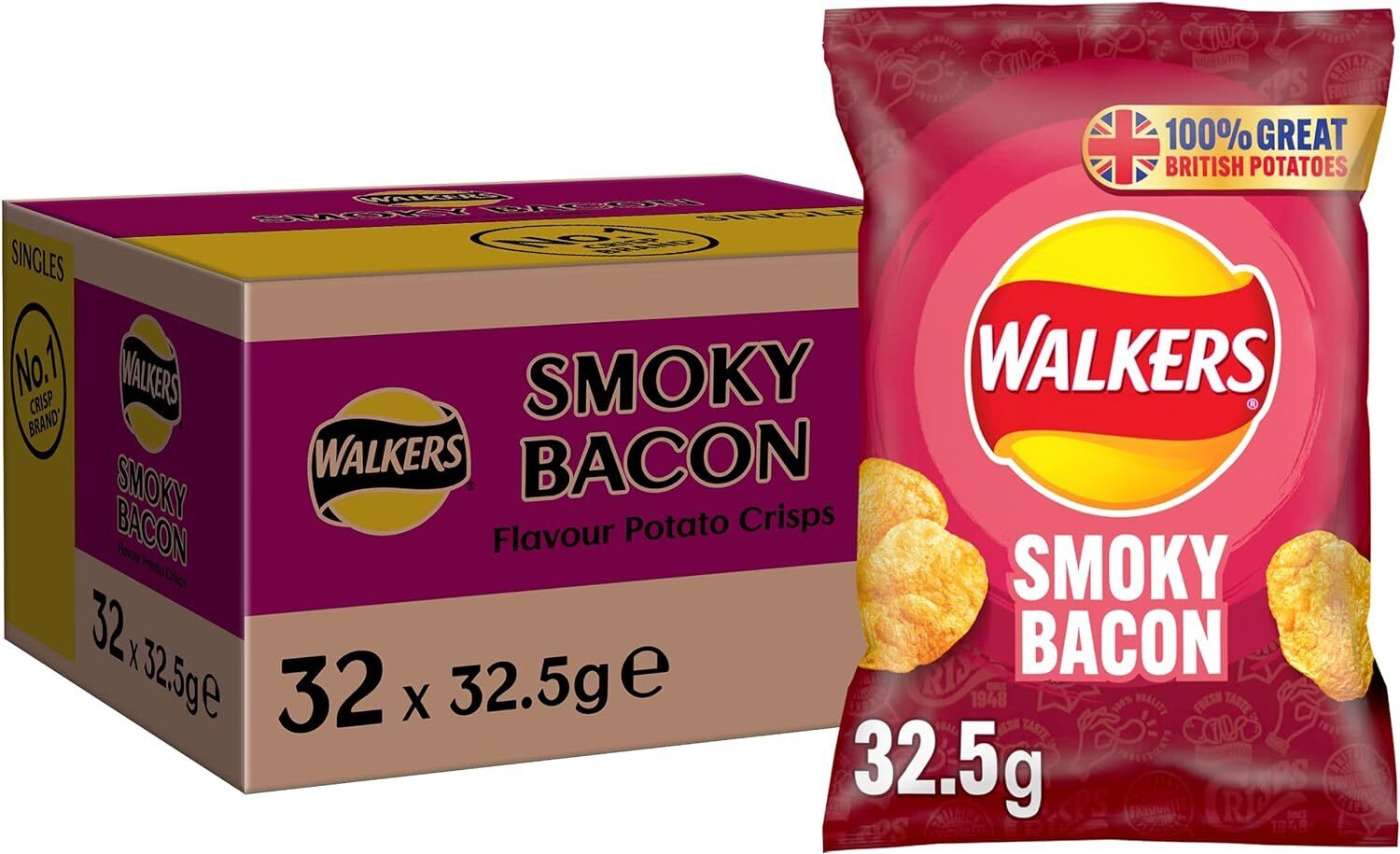 Walkers Smoky Bacon Crisps - 32.5g Pack of 32