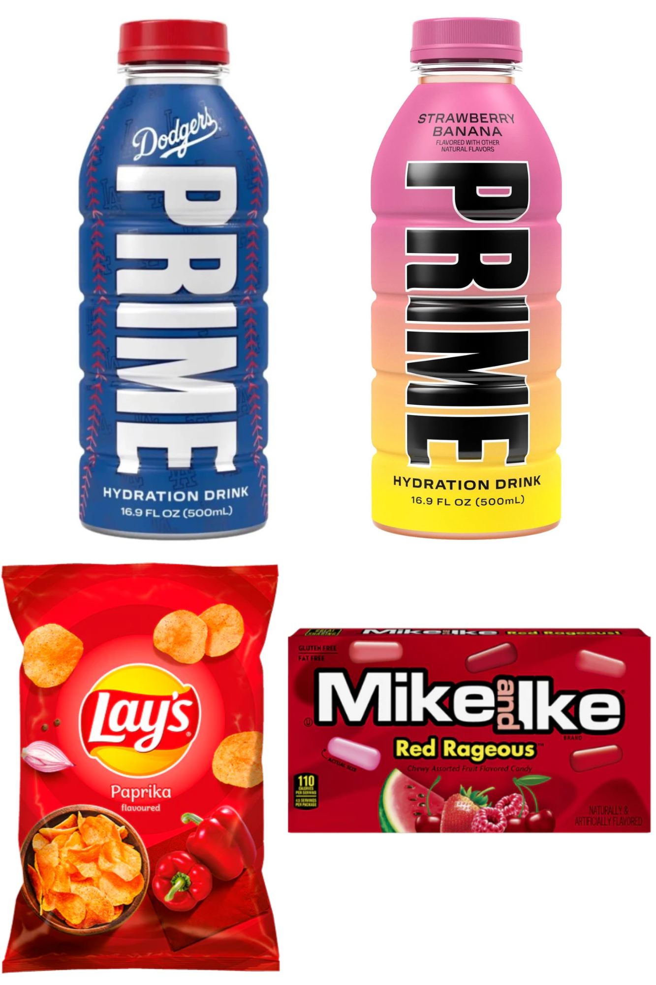 Prime Hydration LA Dodgers V2 x Prime Hydration Drink Strawberry Banana x Lays Paprika x Mike & Ike Theater Red Rageous