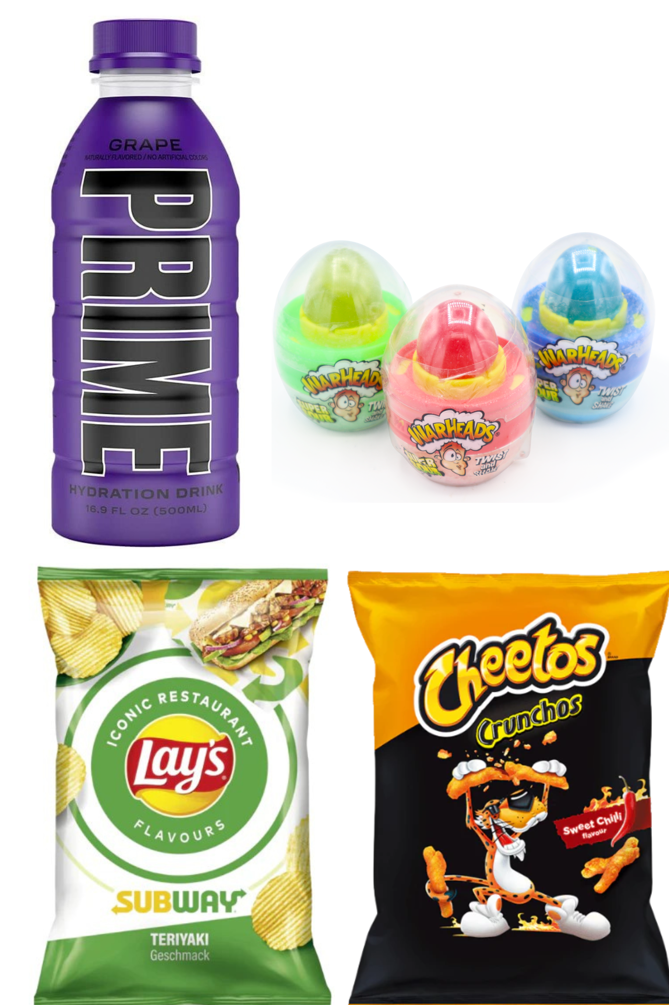 Prime Hydration Drink Grape x Lays Subway Teriyaki x Warheads Super Sour Twist & Shake Eggo  x Cheetos Sweet Chilli