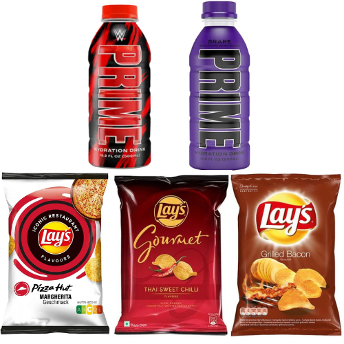 Prime Hydration WWE Limited Edition X Prime Hydration Drink Grape x Lays Pizza Hut Margarita - 150g X Lays Gourmet Thai Sweet Chilli Flavour - 55g X Lays Bacon - 130g