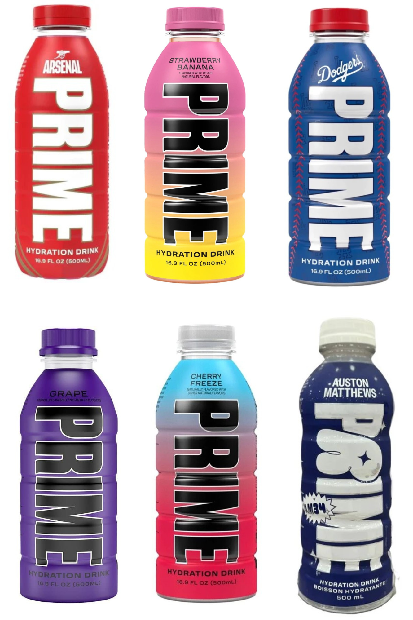 Prime Hydration Arsenal Football Club Bottle x Strawberry Banana x Dodgers V2 x Grape x Cherry Freeze x Auston Matthews