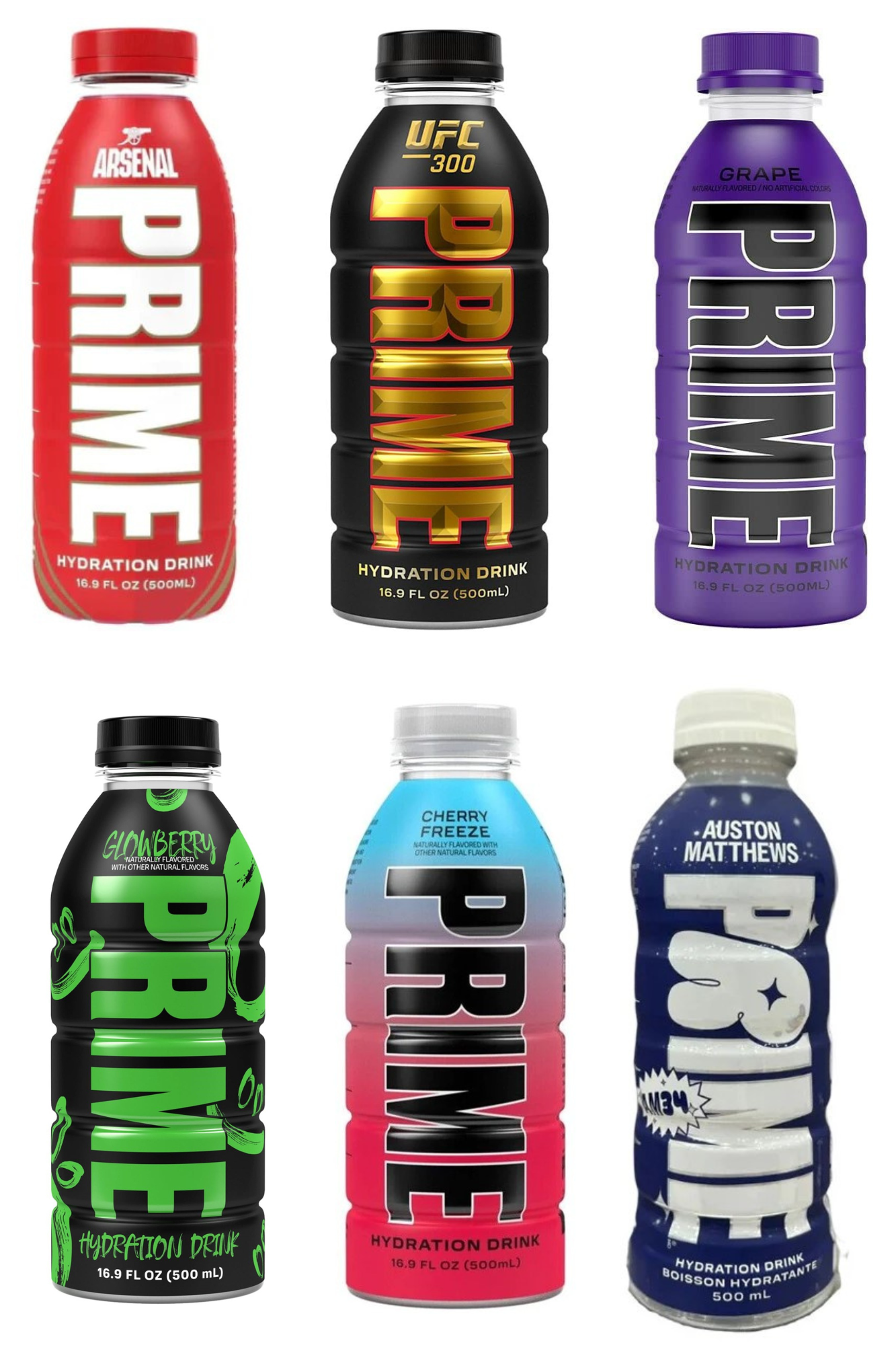 Prime Hydration Arsenal Football Club Bottle x UFC x Grape x Glowberry x Cherry Freeze x Auston Matthews