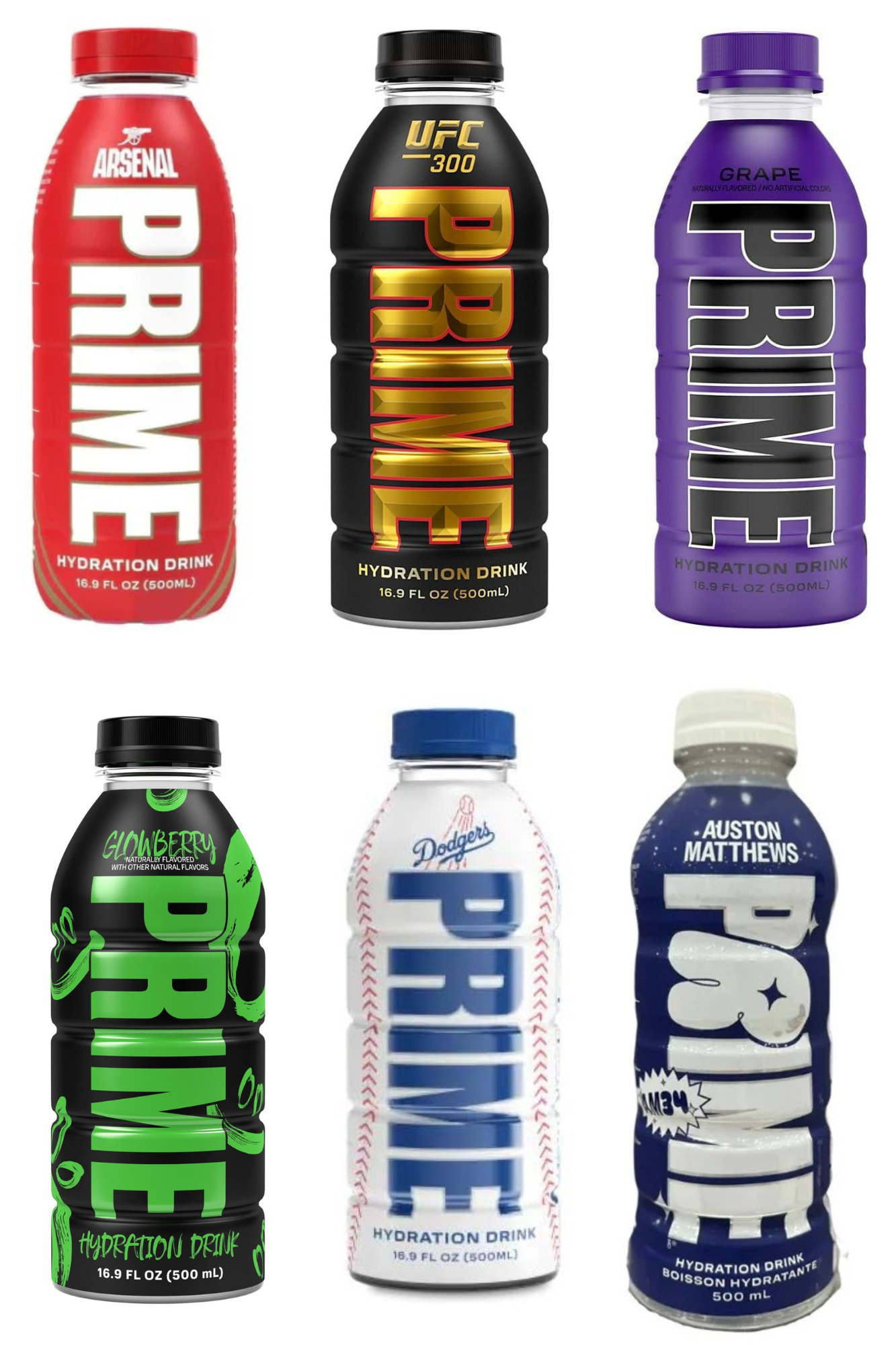 Prime Hydration Arsenal Football Club Bottle x UFC x Grape x Glowberry x Dodgers x Auston Matthews