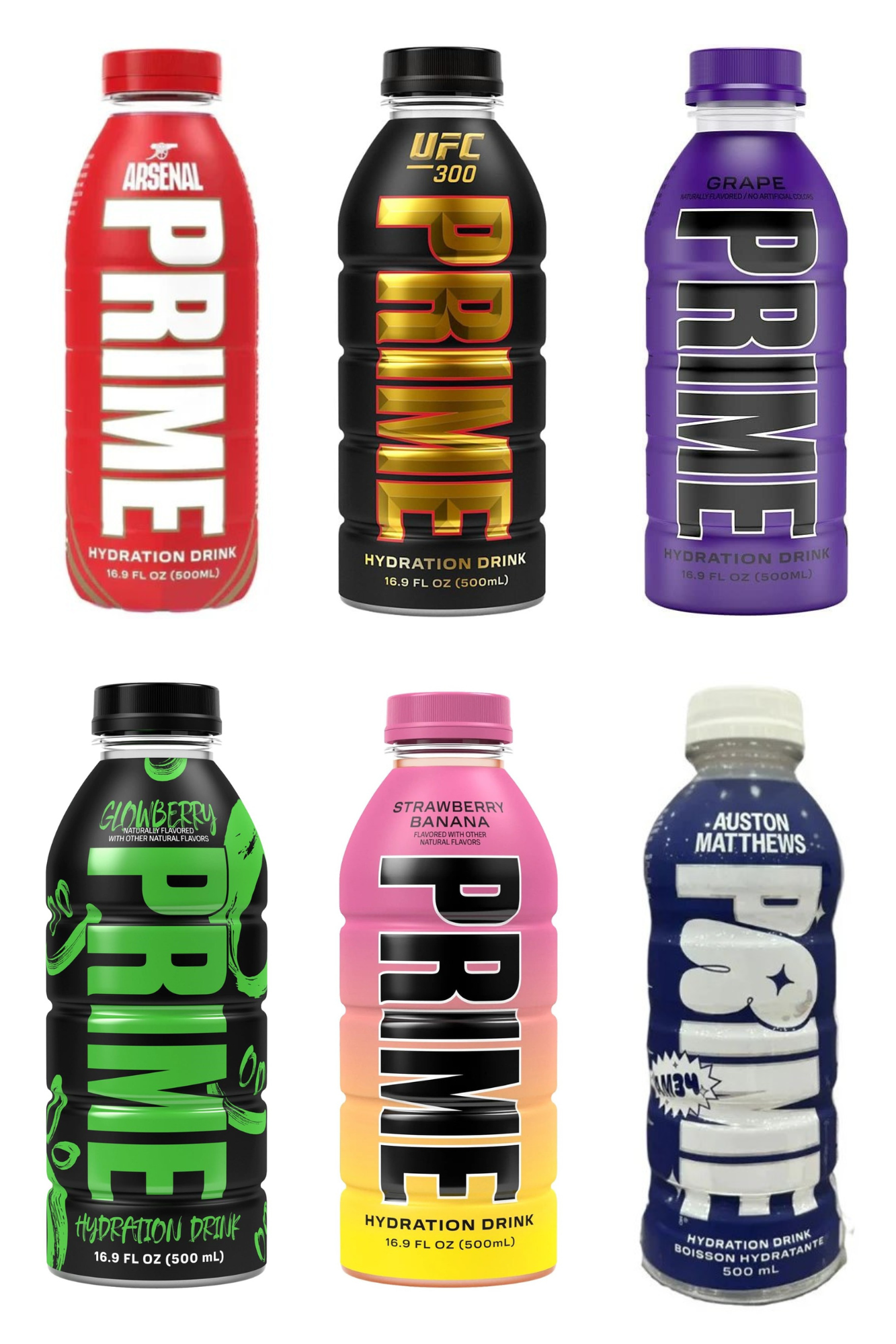 Prime Hydration Arsenal Football Club Bottle x UFC x Grape x Glowberry x Strawberry Banana x Auston Matthews