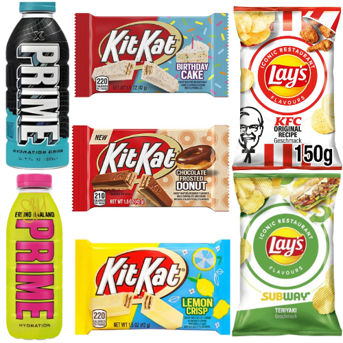 Prime Hydration 'X' Limited Edition X Prime Hydration Erling Haaland X Kit Kat Birthday Cake Bar - 42g X Kit Kat Chocolate Frosted Donut - 42g X Kit Kat Lemon Crisp - 42g X Lays Kfc Flavour - 150g X Lays Subway Teriyaki -150g