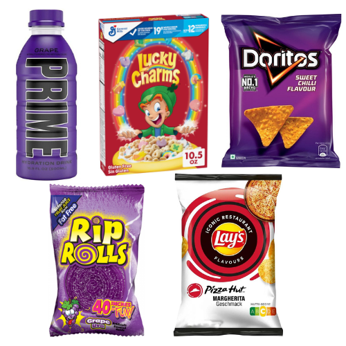 Prime Hydration Drink Grape x Lucky Charms Cereal - 297g x Doritos Sweet Chilli - 100g x Rip Rolls Grape - 40g X Lays Pizza Hut Margarita - 150g