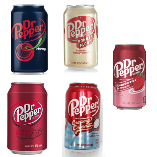 Dr Pepper - 330ml x Dr Pepper Cherry (USA) x Dr Pepper Vanilla Float Can x Dr. Pepper Strawberry & Cream x Dr Pepper Creamy Coconut - 355ml