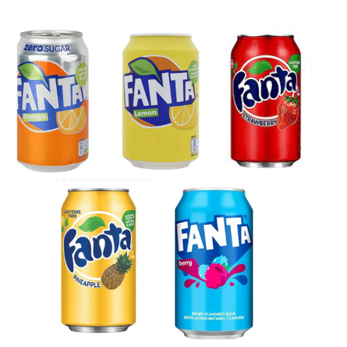 Fanta Orange Can - 330ml x Fanta Lemon - 330ml x Fanta Soda Can - Strawberry x Fanta Soda Can - Pineapple x Fanta Soda Can - Berry - 355ml