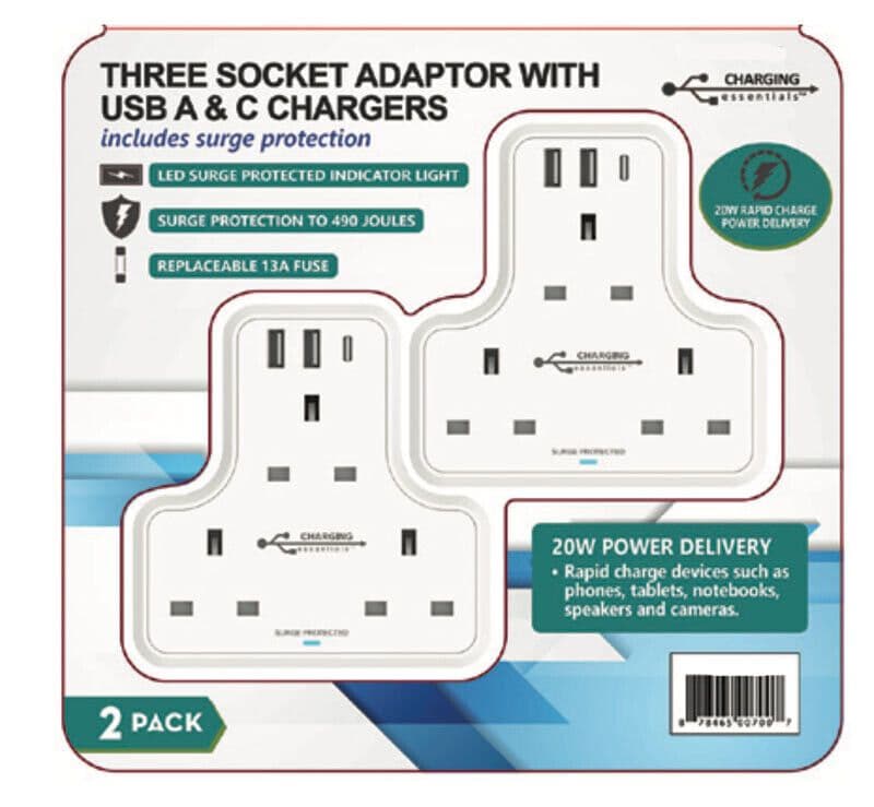 Charging Essentials Three Socket Adaptor With USB A & C Chargers - Pack of 2