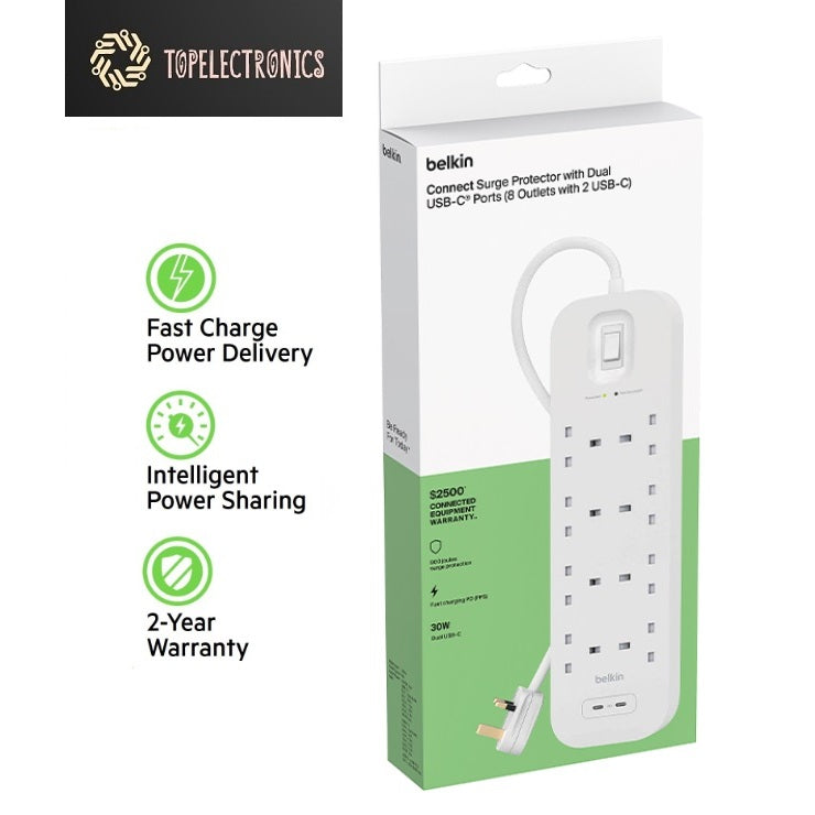 Belkin Socket Surge Protector 8-Way , 2M With Dual USB-C