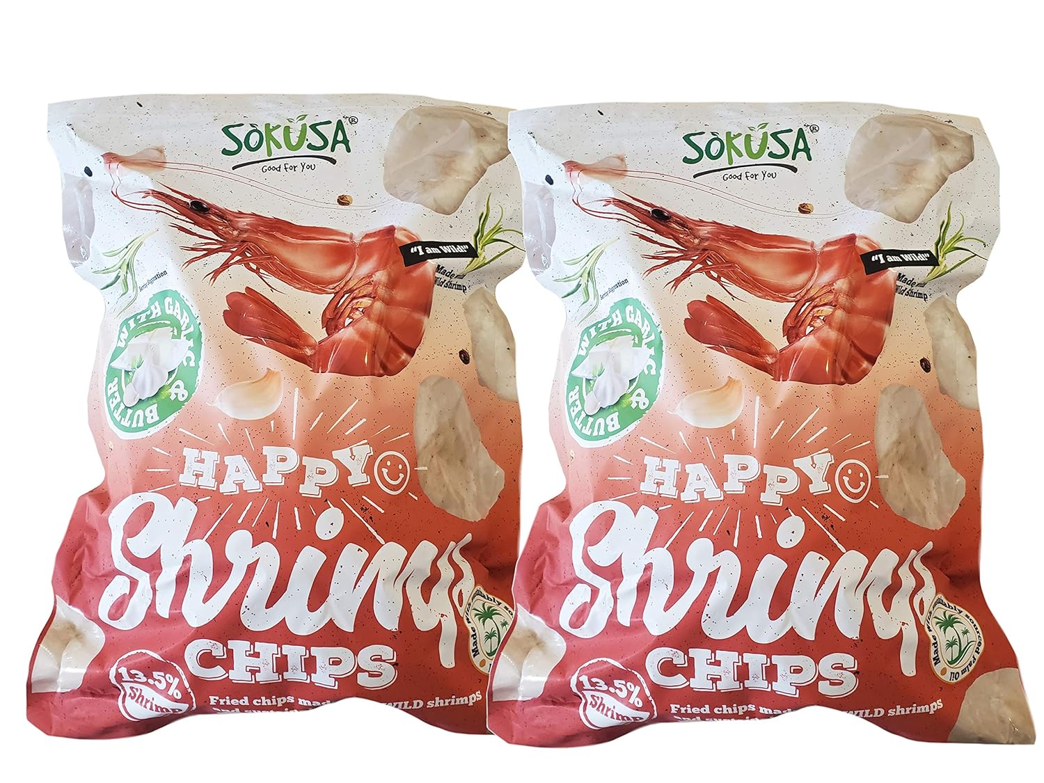 SoKusa Happy Shrimp Chips with Garlic & Butter - 16 oz ( Pack of 2 )