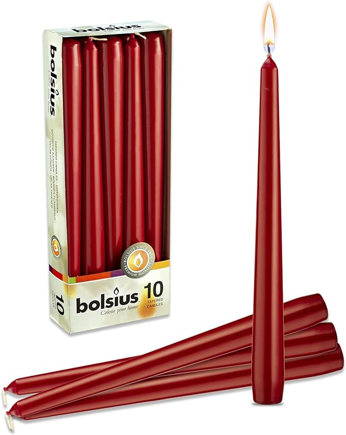 Bolsius Tapered Dinner Candles, "Dark Red Box", Pack of 10
